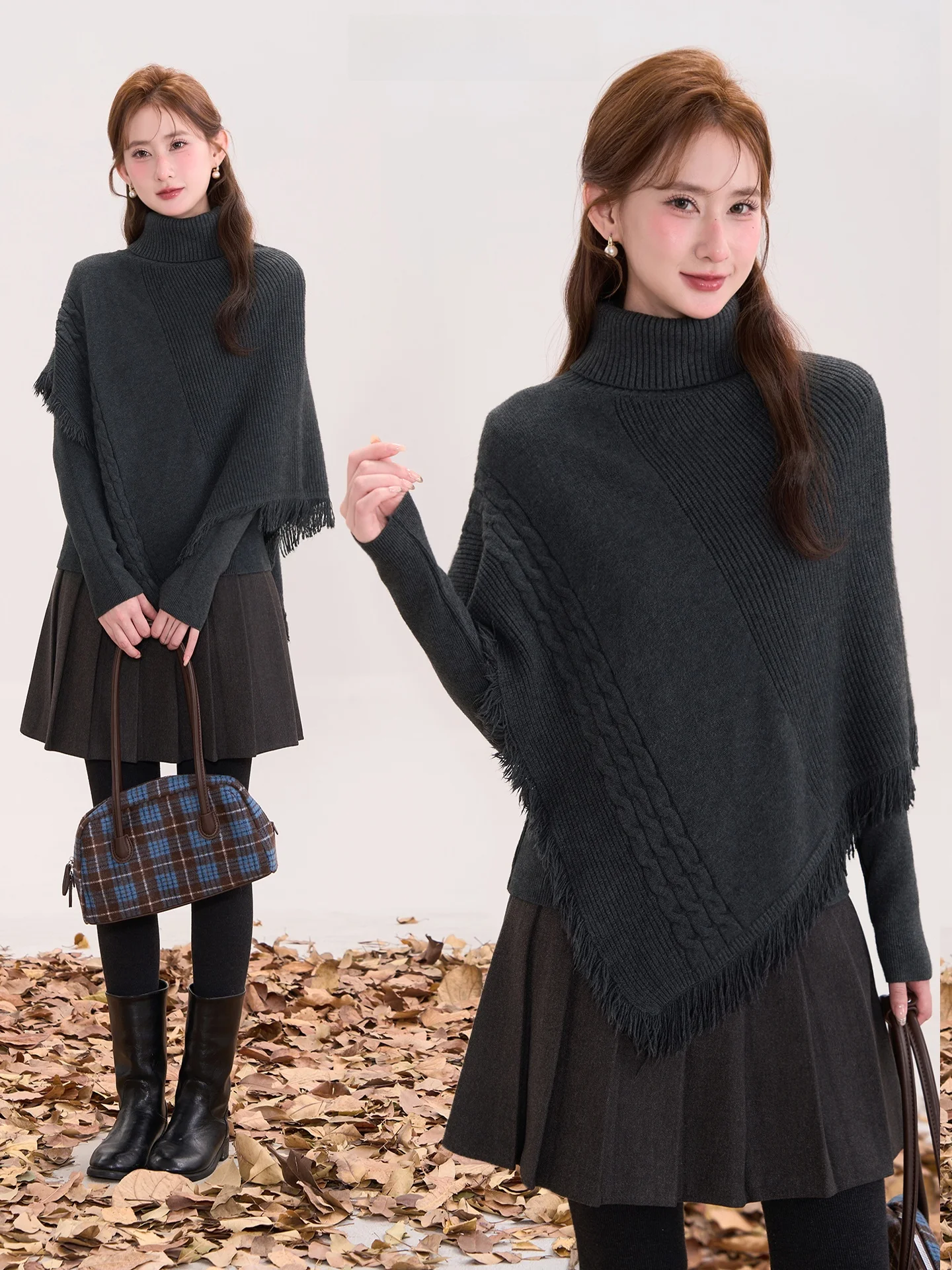 

Soft Knitted High Collar awl Sweater Two-Piece Set Irregular Tassel Moon Pure Color Loose Fit Long Sve ort Sle