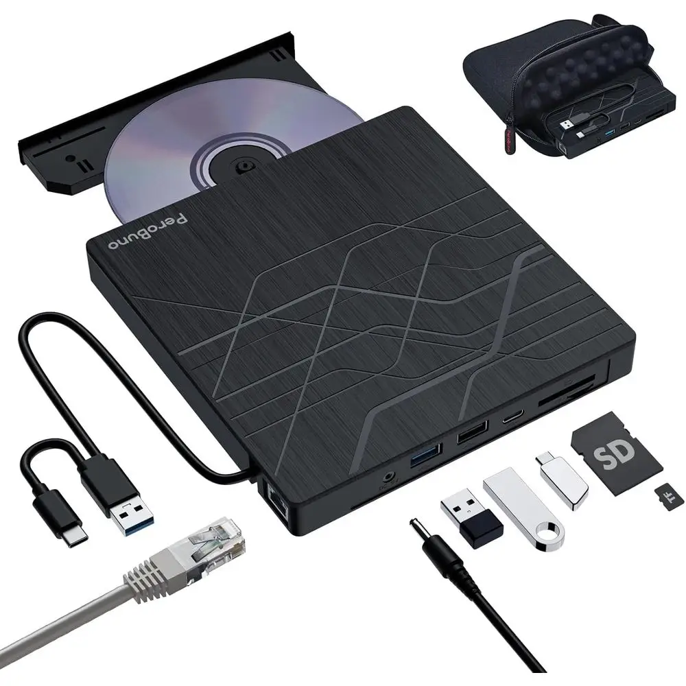 

USB 3.0 External CD/DVD Drive with Ethernet, 3 USB Ports, 2 Card Slots, Reader/Writer for PC/Laptop, Carrying Case Included