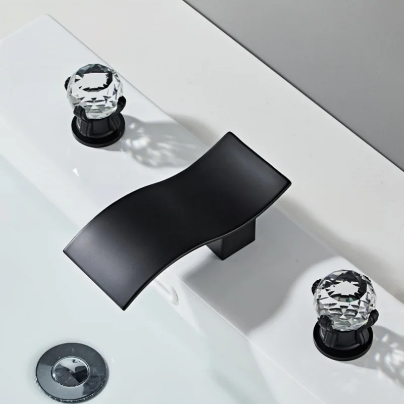 Three-Hole Wash Basin Faucet Short Model Waterfall Style Bathroom Cabinet Bathtub Sink Faucet Hot and Cold Dual Handle