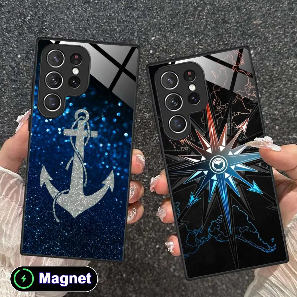 Capa de Telefone Pretty Navy Ancora para Samsung Galaxy S26 S25 S24 S23 S22 S21 S20 Note20 Plus FE Ultra com Vidro e Ímã