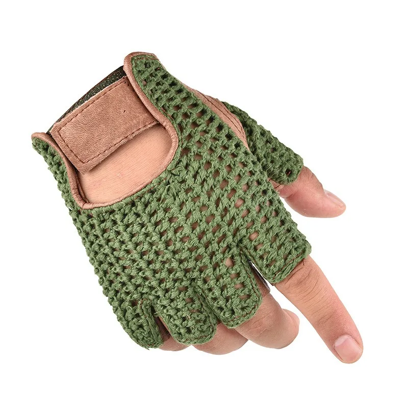 Leather Mesh Fingerless Gloves Motocross Fishing Net Car Driving Tactical Gloves Motorcycle Cycling Men\'s Gloves