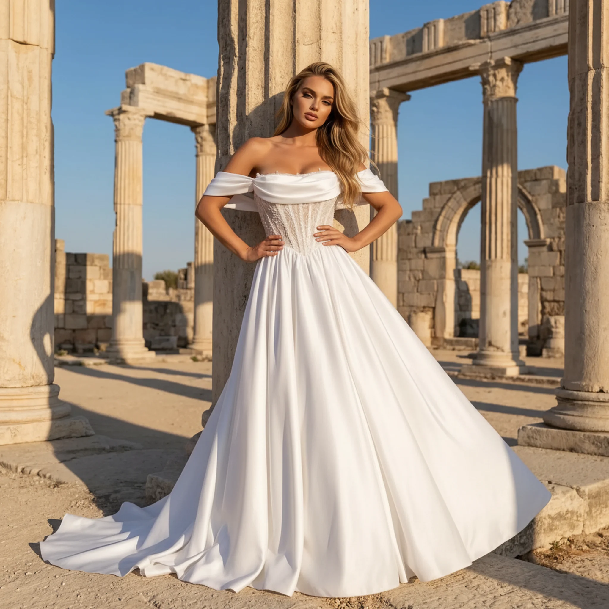 

Vestidos de Novia Beach Wedding Dresses Long Off Shoulder Beaded Bridal Gown For Women Satin Ball Gown With Train Elegant