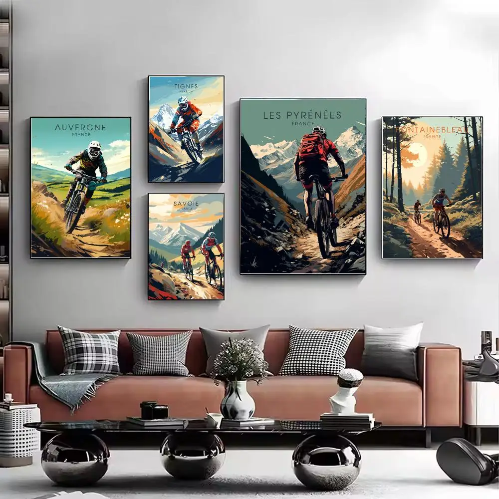 Sports Mountain Bicycle City Bike Race Cycling Art Mountain Landscape Posters Canvas Painting and Print Pictures Room Home Decor