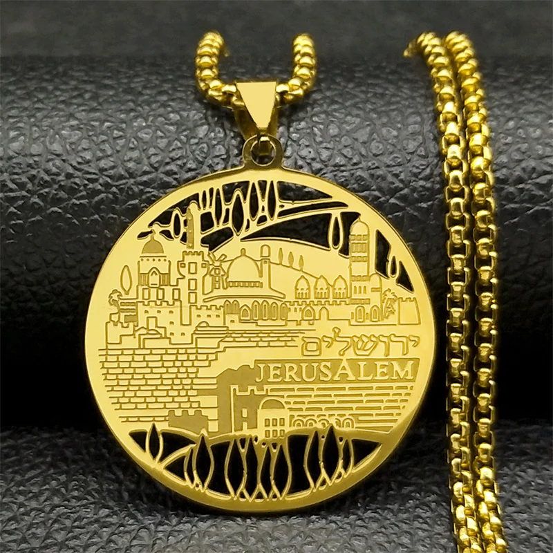 Israel Jerusalem Building Pendant Necklace for Women Men Stainless Steel Gold Color Jewish Sacred Place Chain Jewelry NZZZ791