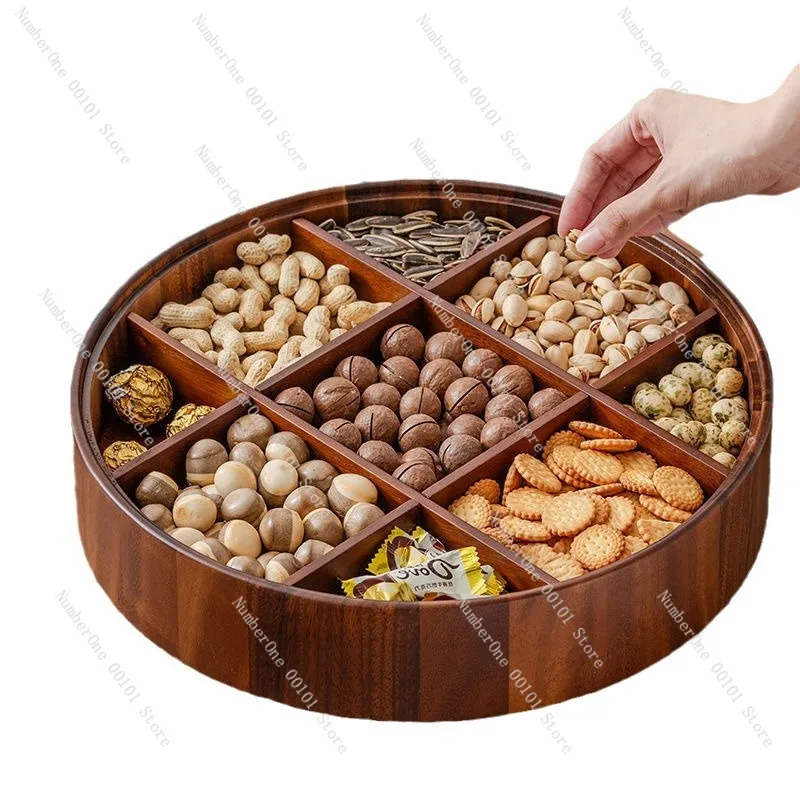 Wooden Dried Fruit Box Jiugongge Style, 9 Grid Dim Sum Snack Storage Box with Lid for Home Kitchen Living Room