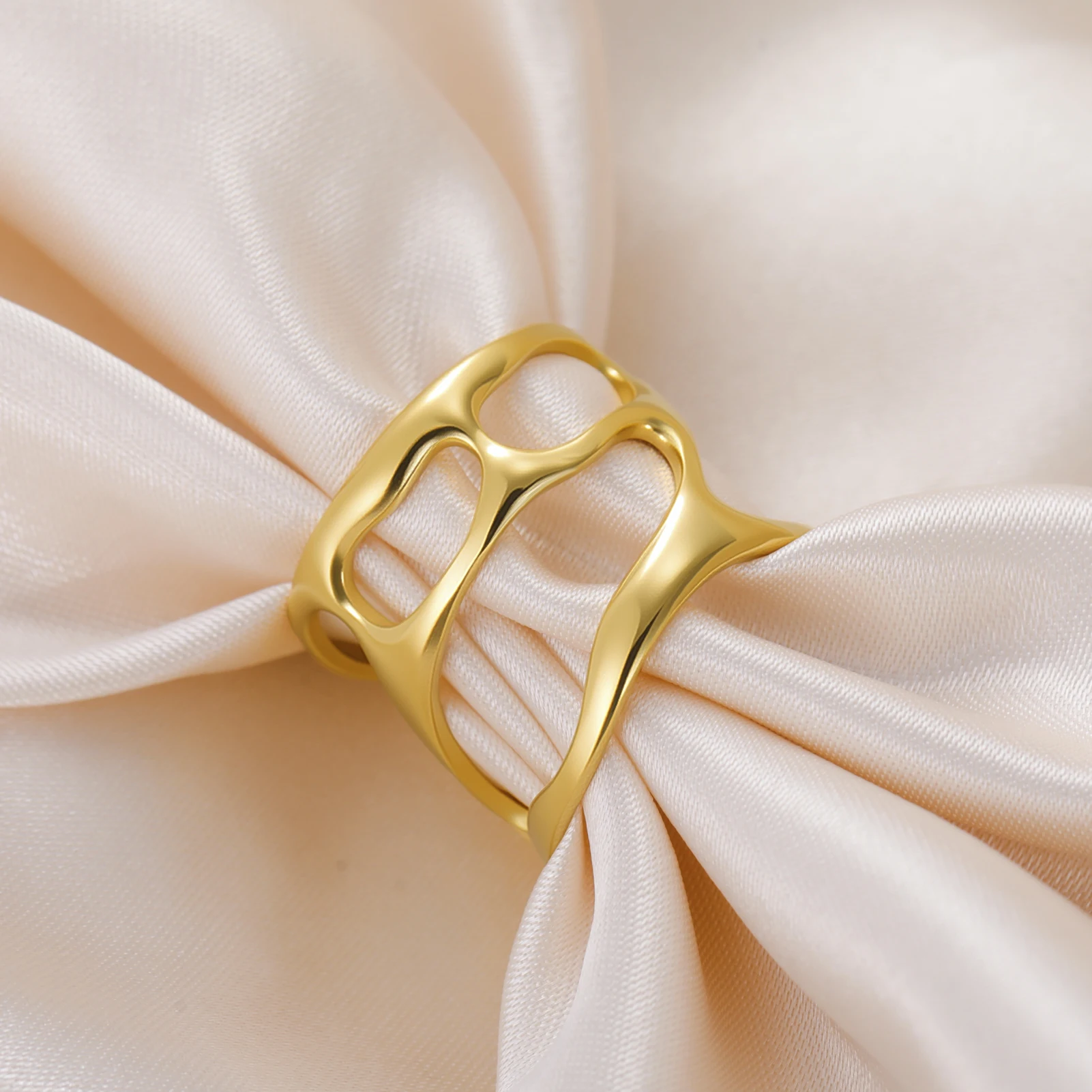 COOLTIME Edelstahl Wasserdicht Ring Mode Vergoldet Unregelmäßige Hohl Offene Ringe Multi-schicht Anillos Schmuck – Detail 7