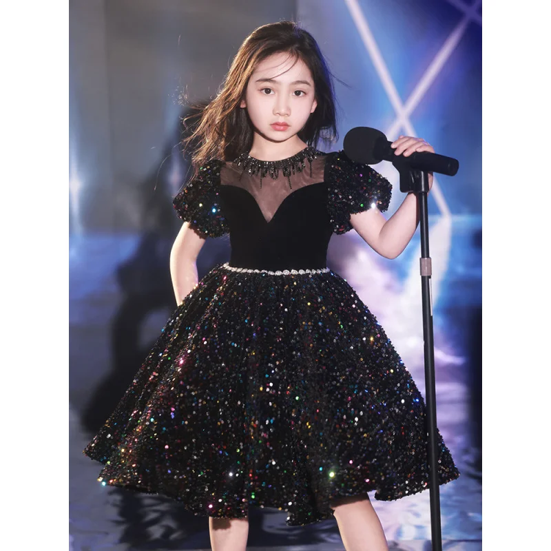 2024Girl's Black Purple High-End Sequined Recitation Host Violin Piano Performance Princess Gown Dress