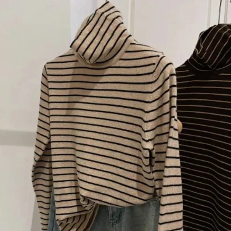 Women Vintage Striped Turtleneck Top Autumn Winter Slim Fit Fleece Lined Long Sleeve Inner Shirt