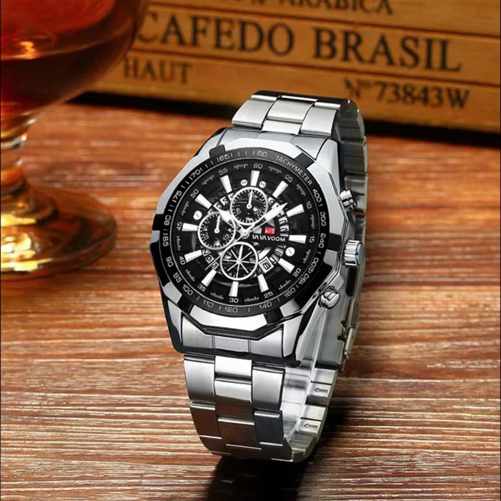 

VA VA VOOM 2383 Роскошные модные мужские часы со стальной полосой, светящиеся водонепроницаемые часы с календарем для мужчин, Relogios Masculino Часы