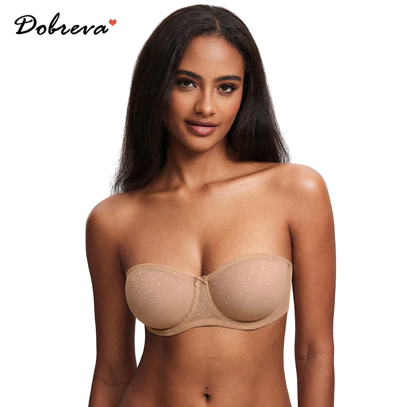 

DOBREVA Women's Sexy Strapless Bra See Through Sheer Mesh Underwire Invisible Bras Plus Size Unlined Transparent