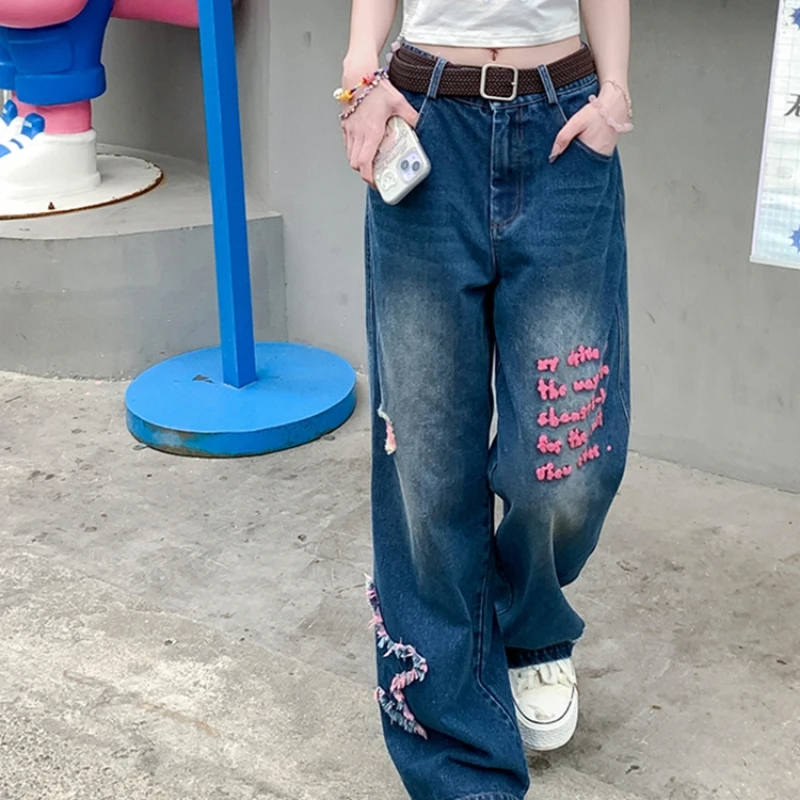 2024 New Casual Embroidery Retro Blue High Waist Skinny Wide Leg Jeans For Women