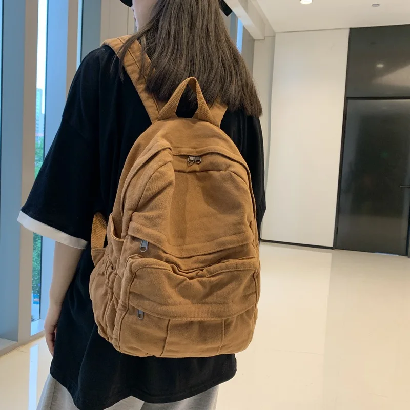 Retro Pure Color Schoolbag for Female Men solid Color Retro Backpack Ins Harajuku Washed Canvas Minimalist Backpacks