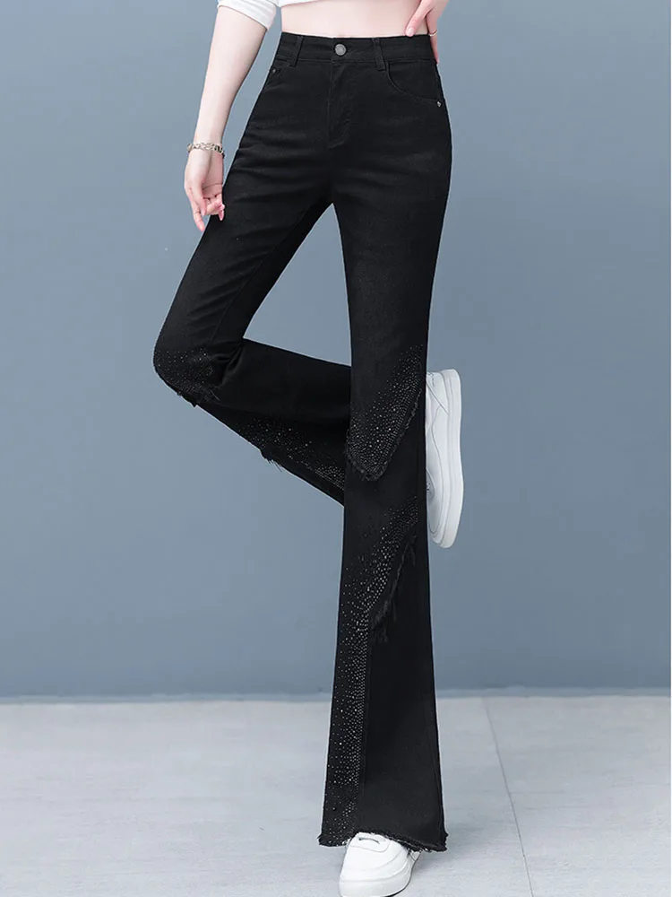 Perlen Streetwear Bootcut Jeans Damen Casual High Waist Retro Denim Hosen Fransen Breite Beine Vintage Mode Vaqueros