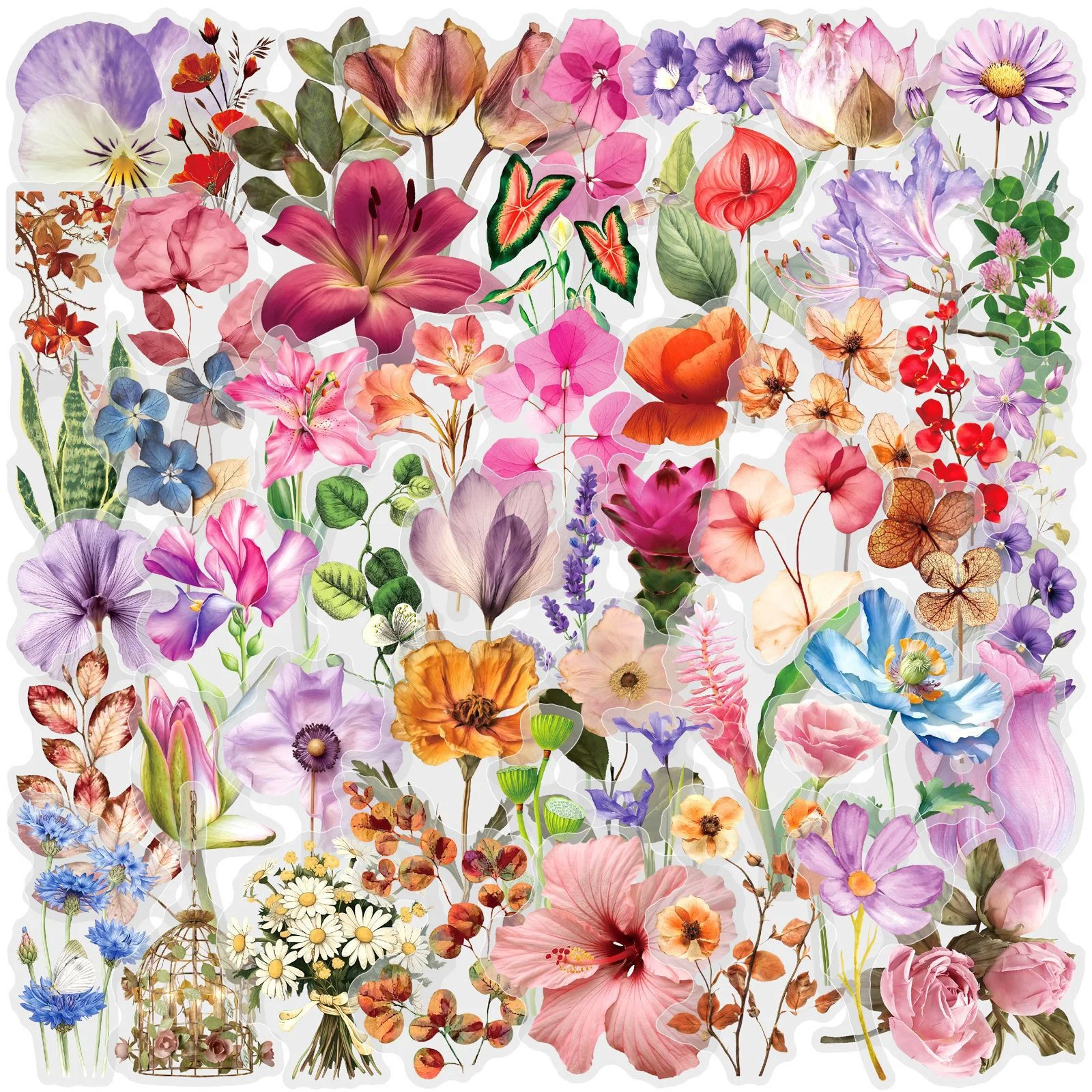 Paquete de 50 Pegatinas de Flores con Tinta de Color, Material Transparente de PET, para Decoración de Cuadernos, Resistentes al Agua