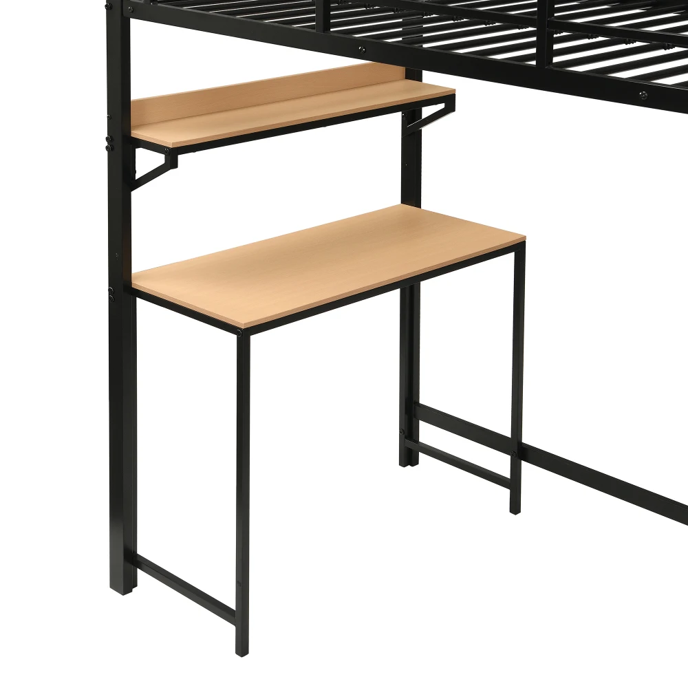 PINGGO Schwarz & Naturfarbenes Eisen-Etagenbett 90x200cm mit Kleiderschrank, Treppe, Schreibtisch, Staufächern, Metall, MDF, ohne Matratze – Detail 20