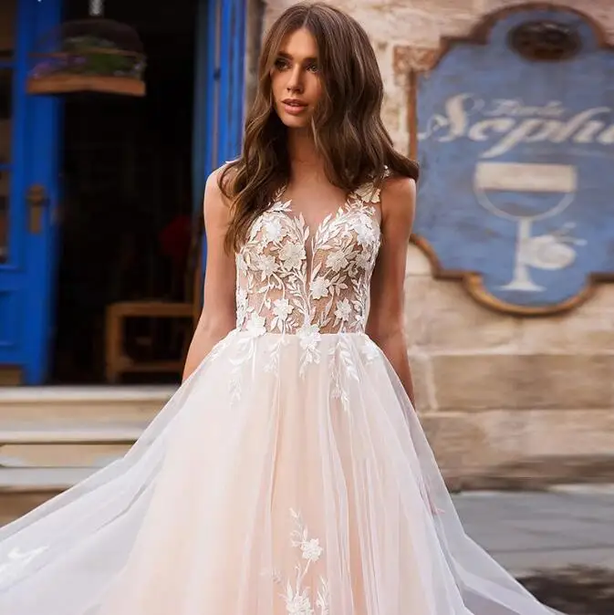 Robe de mariée en Tulle sans manches, couleur Champagne clair, col rond, avec des Appliques en dentelle, coupe trapèze, dos nu, 2022