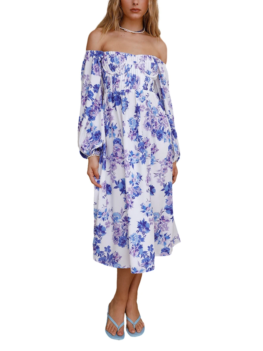 Vestido feminino com decote quadrado fora do ombro, manga folhada longa, cintura alta cheirada, vestido casual em linha A, estampa floral, férias elegantes