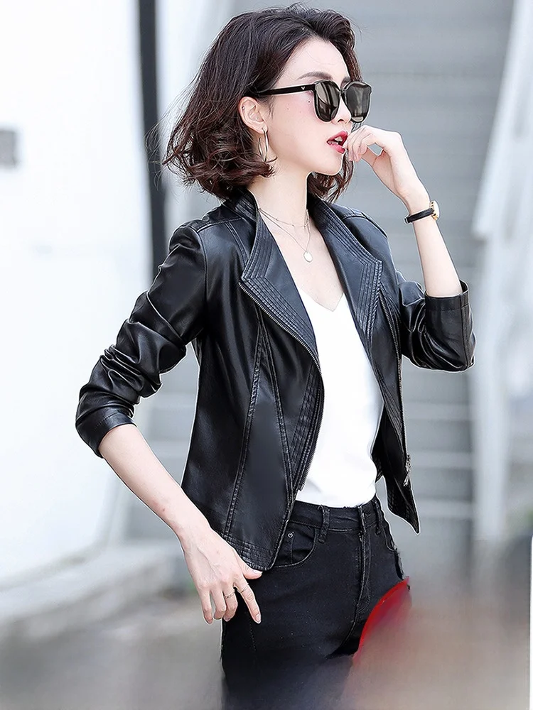 Veste en cuir véritable pour femme, coupe ajustée, en peau de mouton, printemps-automne, avec fermeture éclair, style décontracté, vêtement d'extérieur féminin