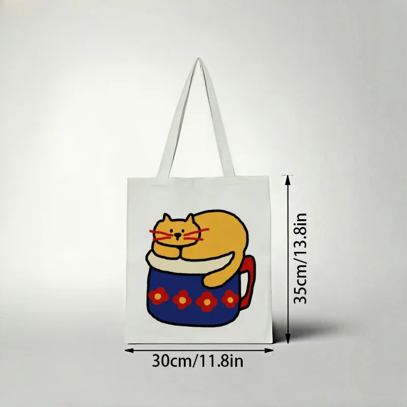 

1pc Lovely Chubby Orange Cat Resting in Flower‑decor Blue Mug Casual Doodle Canvas Tote Bag