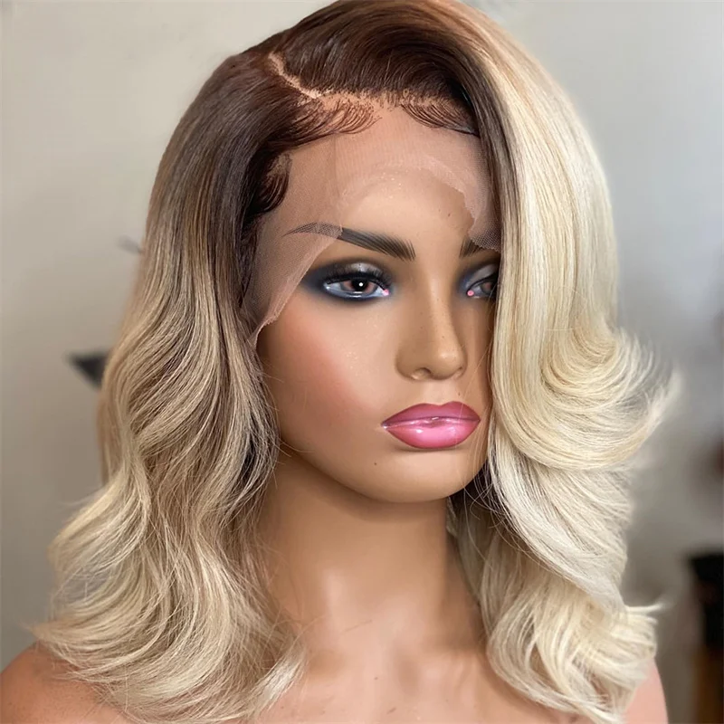 Blonde Short Bob Wig Transparent Lace Front Human Hair Wigs 13X4 Honey Blonde Dark Root Colored Short Bob Lace Frontal Wig