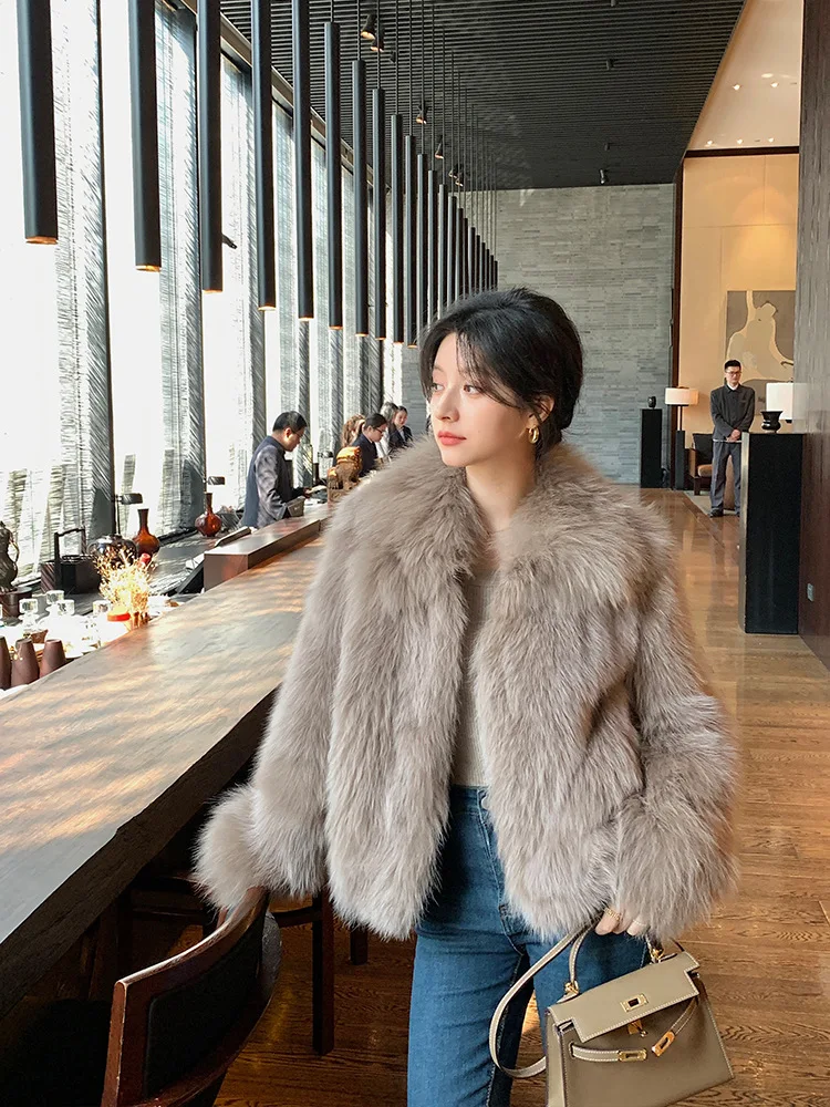 Women Faux Fox Fur Coats Solid Short Jackets Long Sleeves Turn Down Collar Open Stitch Loose Elegant Casual 2026 Autumn Winter