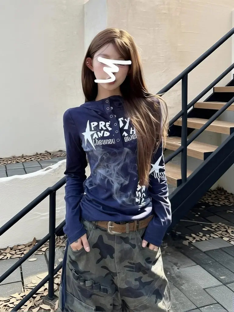 Button Hooded Y2k T Shirts Women Vintage 100% Cotton Long Sleeve Top Casual Basic T Shirt Autumn Spring Outwear New Navy Blue