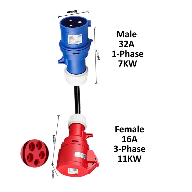 محول شحن السيارة الكهربائية ذكر 32A أزرق 1-Phase 7KW CEE التوصيل إلى أنثى 16A/32A أحمر 3-Phase / Blue 16A 1-phase المقبس