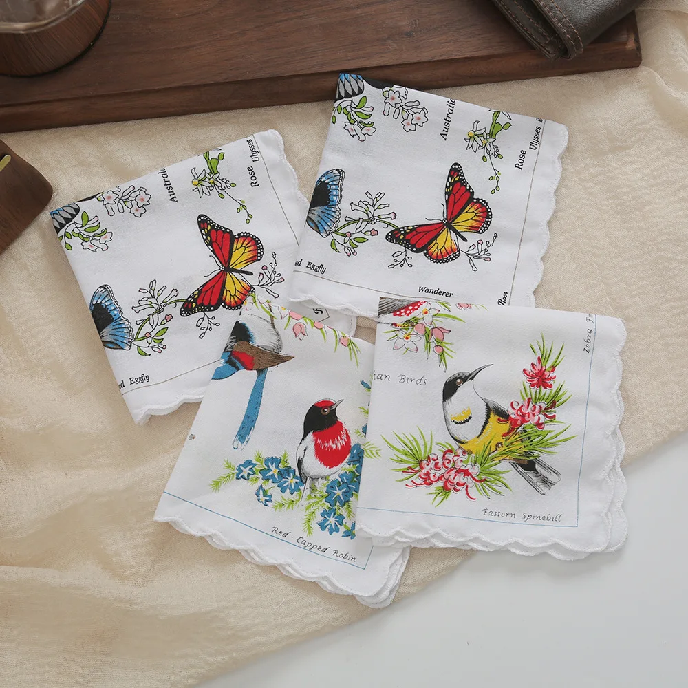 12pcs Vintage Thin 100% Cotton Hanky Bird Butterfly Print Sweat Absorbent Retro Pocket Handkerchief Daily Sweat Wiping Towel