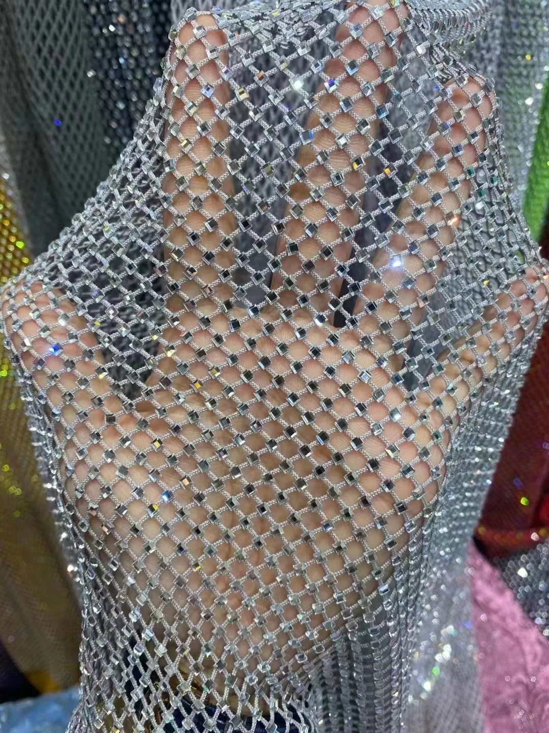 Shiny Square 4*4mm Glass Rhinestone Mesh Fabric Glass Crystal Trim Ribbon Elastic Diamond Mesh Strass Appliqu