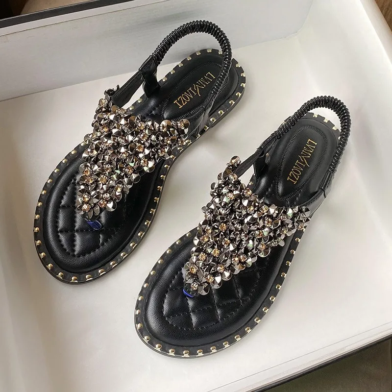 Clip Foot Fashion Sandals Female Summer Flat Bottom 2024 Explosive Beaded Fairy Wind Beach Casual Roman Shoes Large Size 34-43