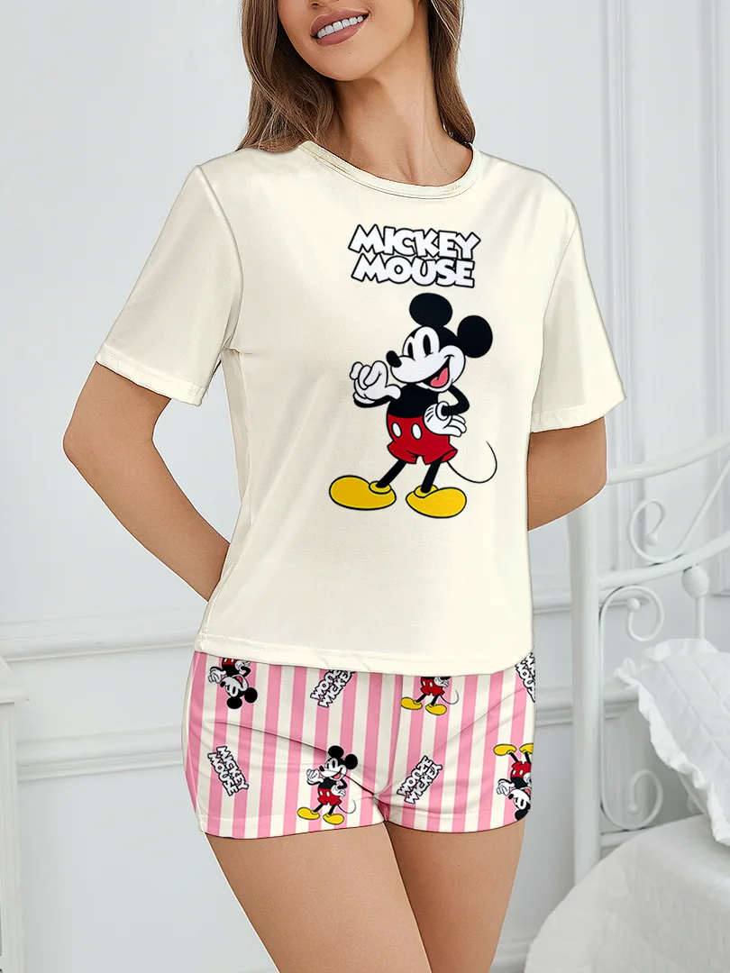 

Women's Disney Mickey cartoon printed short sleeved top and shorts pajama set, with soft and comfortable fabric