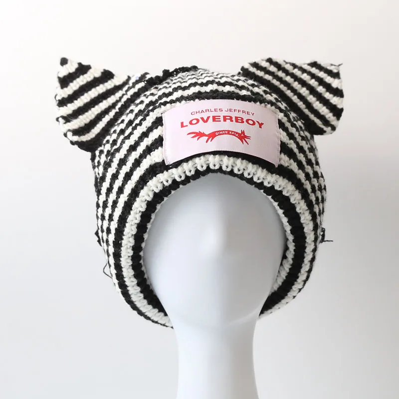 YAMEIZE Chapeau Tricoté à Oreilles De Chat Rayé Y2K - Bonnet Chaud Hiver