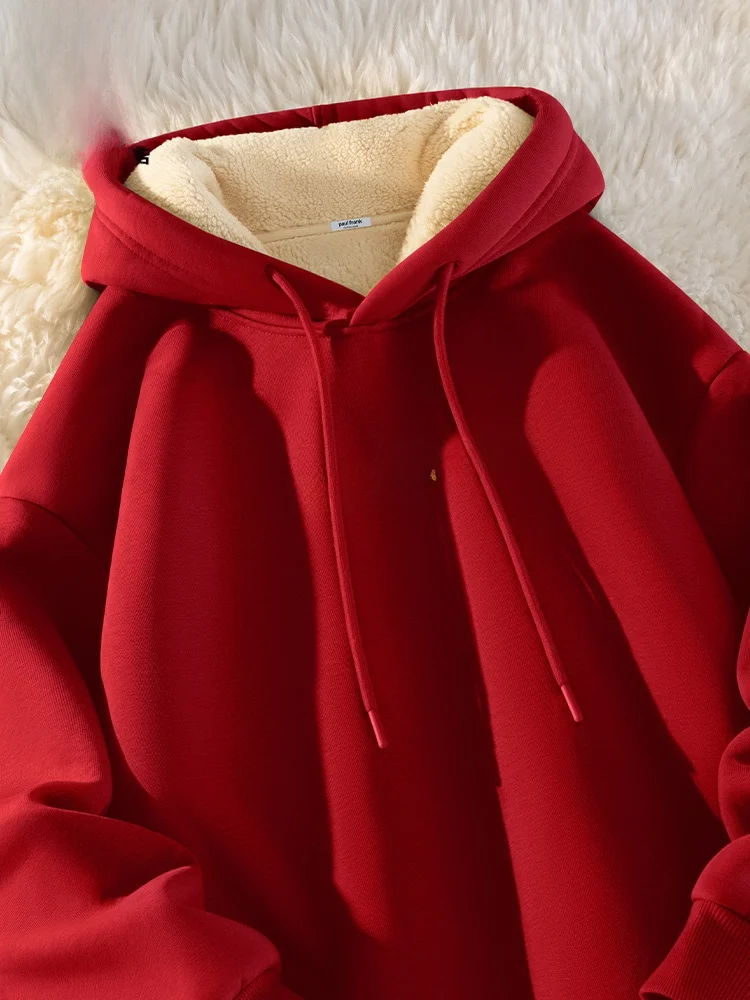 

Monkey Hooded Sweatirt Red Fce Thiened Loose Winter Jaet for Men And Women Casual Sle Warmth Function