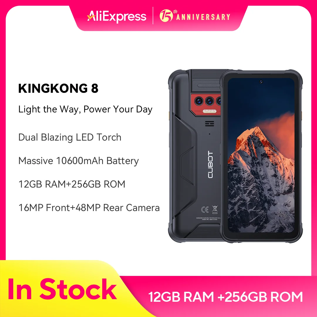 IP68 waterdichte robuuste smartphone Android 13, Cubot KingKong 8, Octa-core, 12GB RAM (6+6GB), 256GB ROM, 10600mAh, 48MP camera, NFC