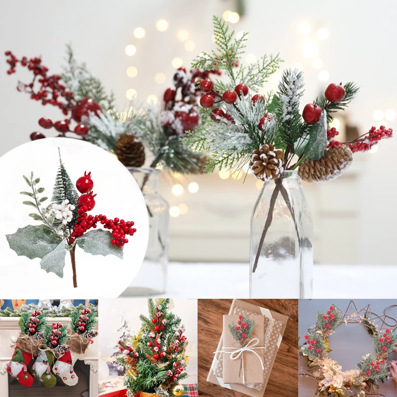 

PVC Christmas Berry Decor Artificial Pine Branches with Cones for DIY Ornaments Tree Window Display Gift Packaging Craft Decor