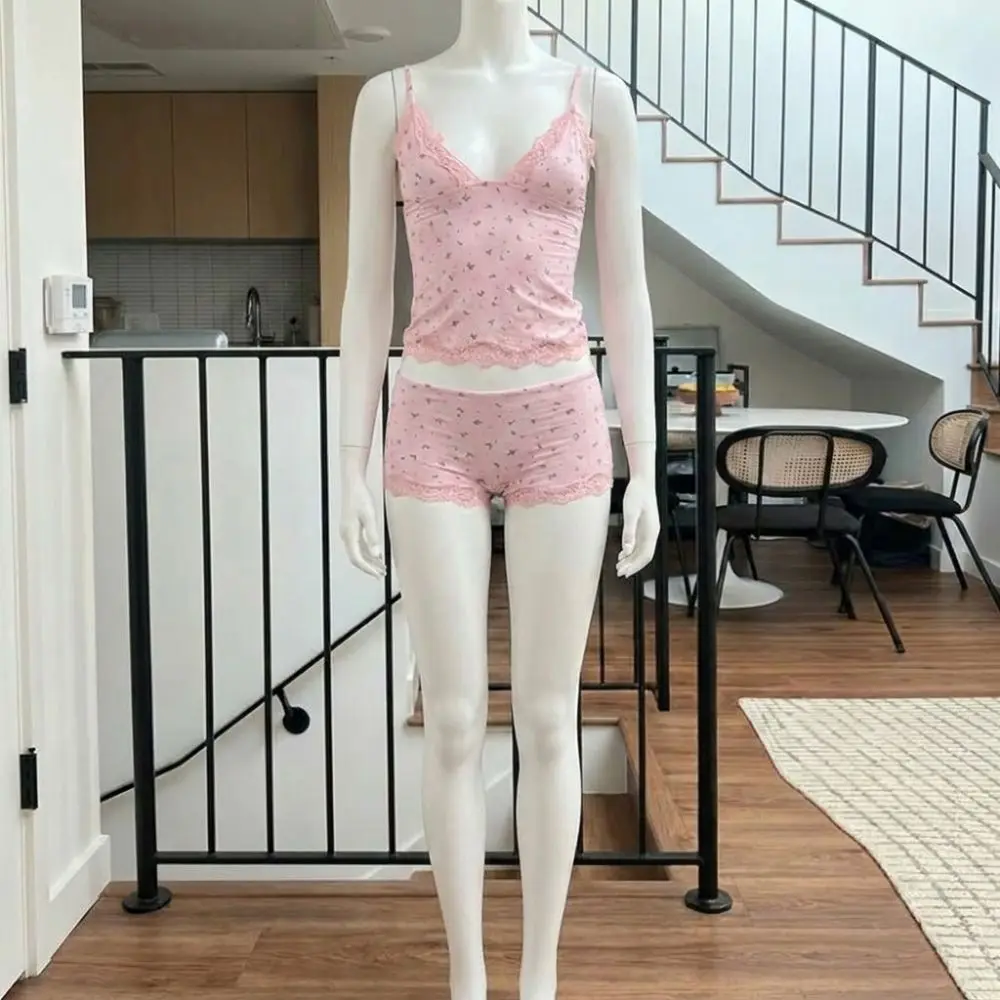 Two-piece Fashion Sexy Pajamas Set Pink Floral Lace Women Sleepwear Sleeveless Western Style Camisoles Tight Shorts Four Seasons image 4