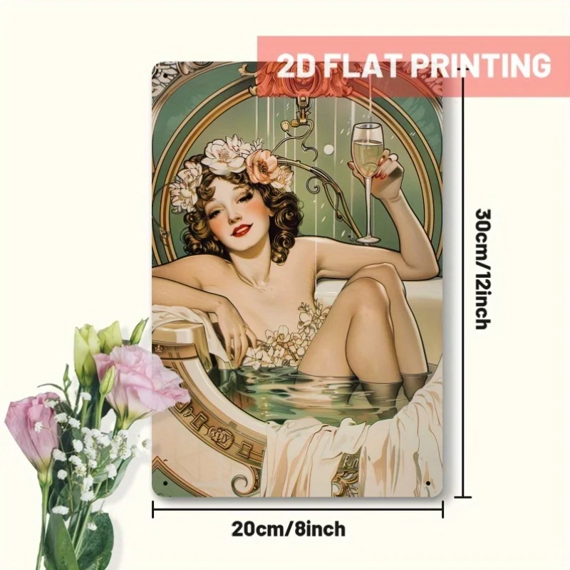 ديكور الغرفة قطعة واحدة من ديكور الغرفة - 1920s سيدة أنيقة شرب الشمبانيا في حوض الاستحمام علامة عتيقة مطلية بالقصدير، جدارية جدارية للحمام، Uniq #5