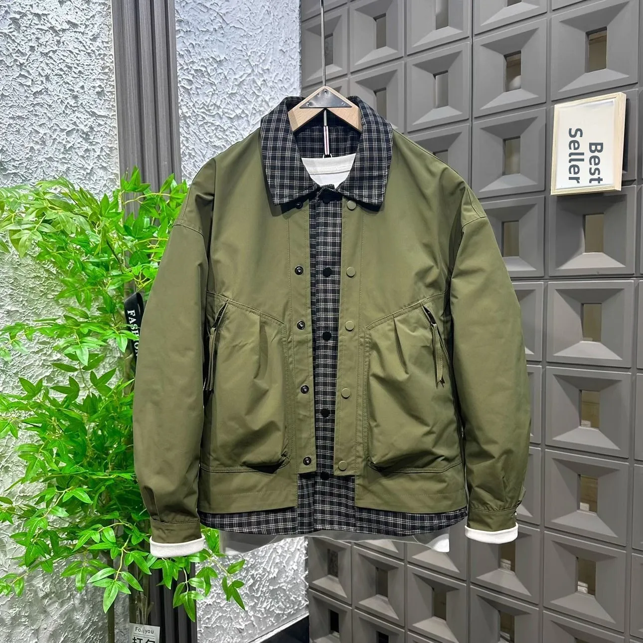 

Весенне-осенний мужской клетчатый цвет Blo, искусственный двухсекционный дэт, повседневный свободный крой с воротником, модная верхняя одежда, размер-стойка, полиэстер