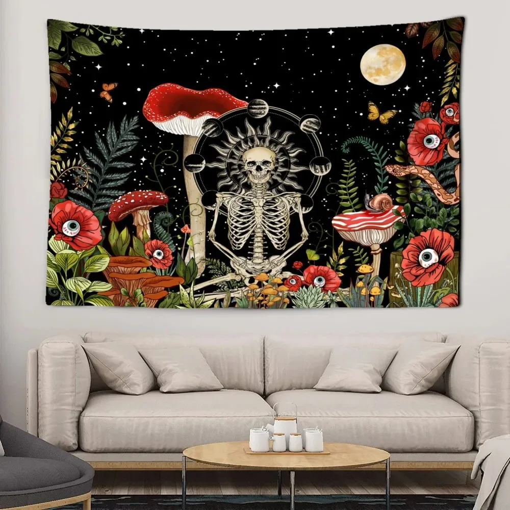 Tapestry, Psychedelic Mushroom Skull Wall Art, Hippie Floral Bedroom Decor, Shimmering Living Room Dorm Hanging