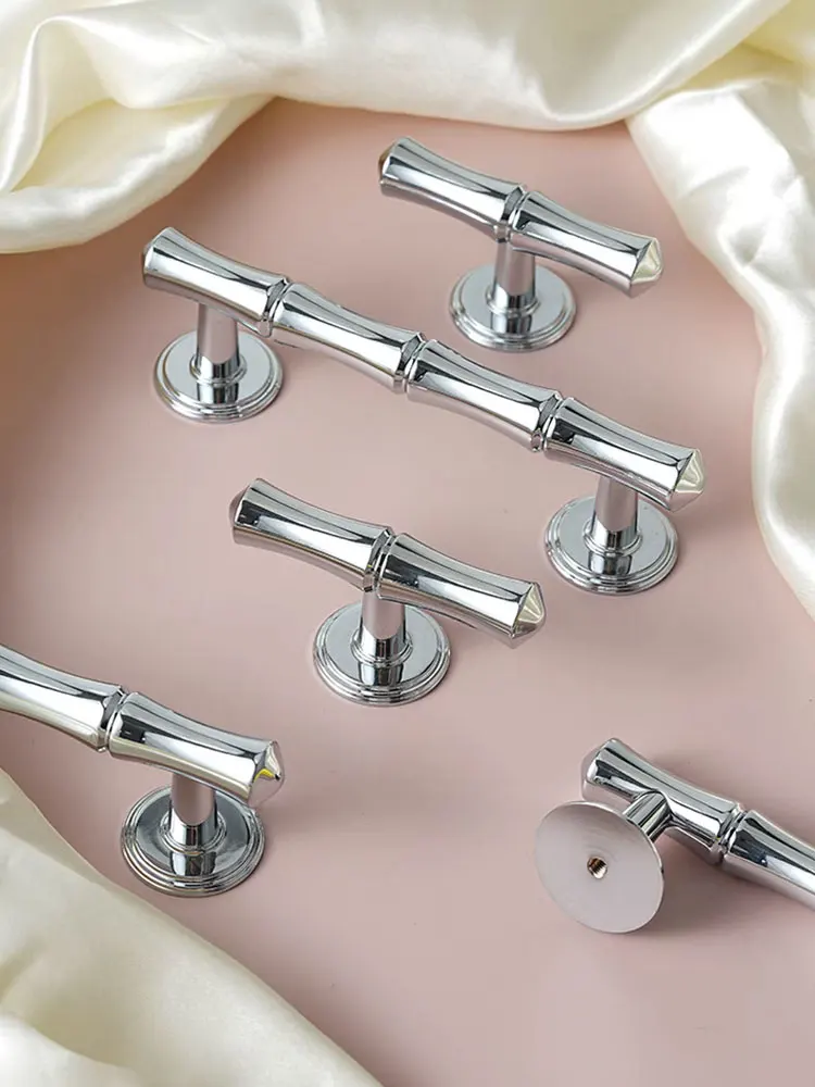 Solid Brass Furniture Handles Bamboo Shaped Shiny Silver Cabinet Handle Home Decor Wardrobe Pulls Luxury Cupboard Door Knobs