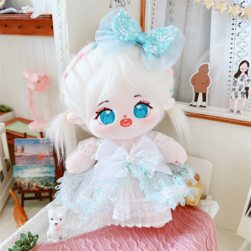 2Pcs Blue Bow Headwear Dress Suit Girls Plush Cotton Doll DIY Clothes Accessory 20cm Cartoon Soft Stuffed Fat Body Dolls Toys