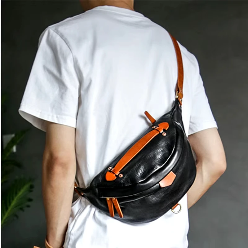 Fashion casual luxury genuine leather men's chest bag organizer designer high quality real cowhide outdoor black crossbody bags