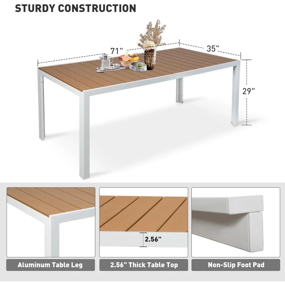 Обеденный стол на открытом воздухе на 8 человек, алюминиевый обеденный стол для патио 71 дюйм с регулируемым отверстием для зонта 1,6–2 дюйма, прямоугольный стол с планкой
