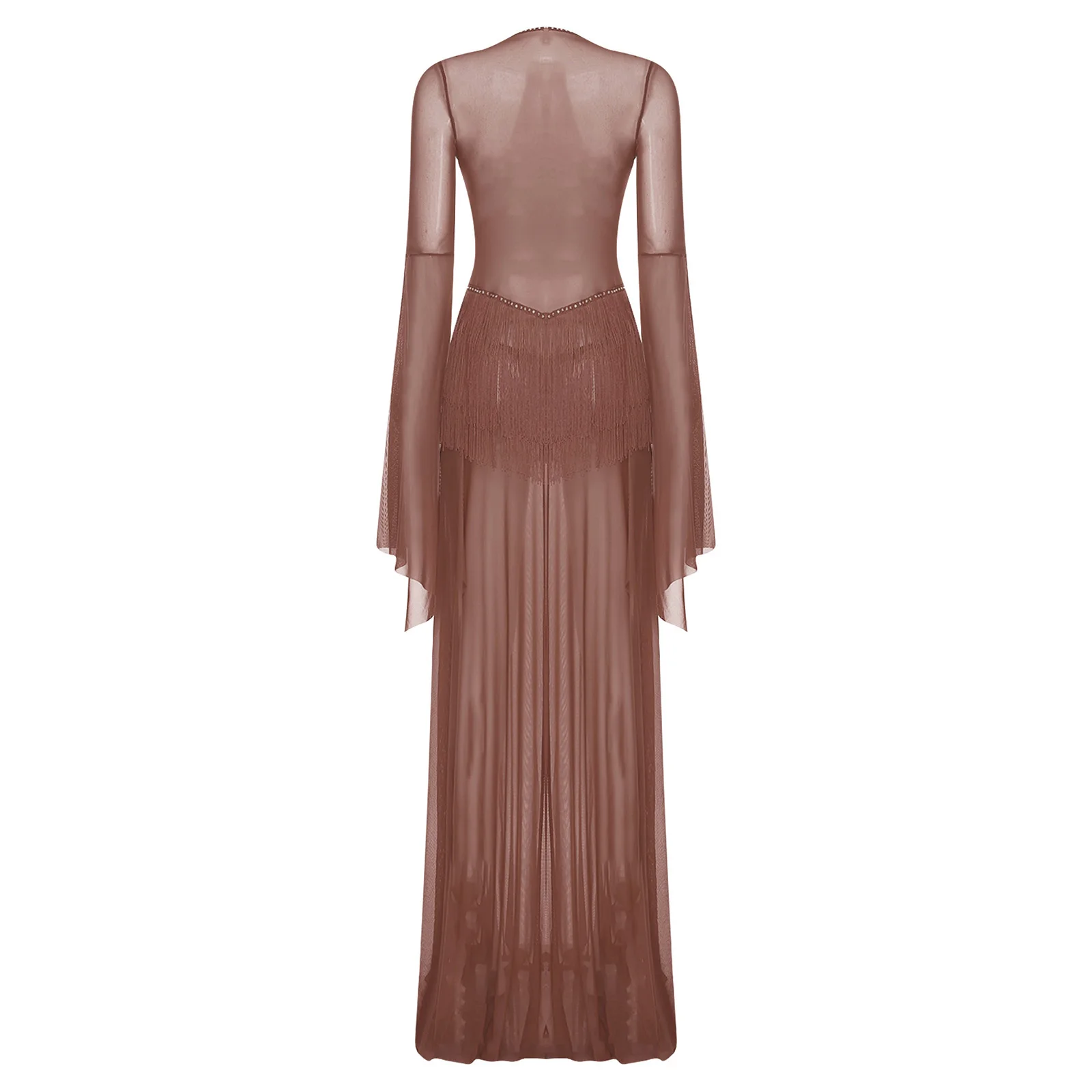 Vestido feminino de malha transparente para dança do ventre, sutiã de lantejoulas com borla na cintura, bainha dividida, vestido maxi para roupas de performance de dança indiana do ventre