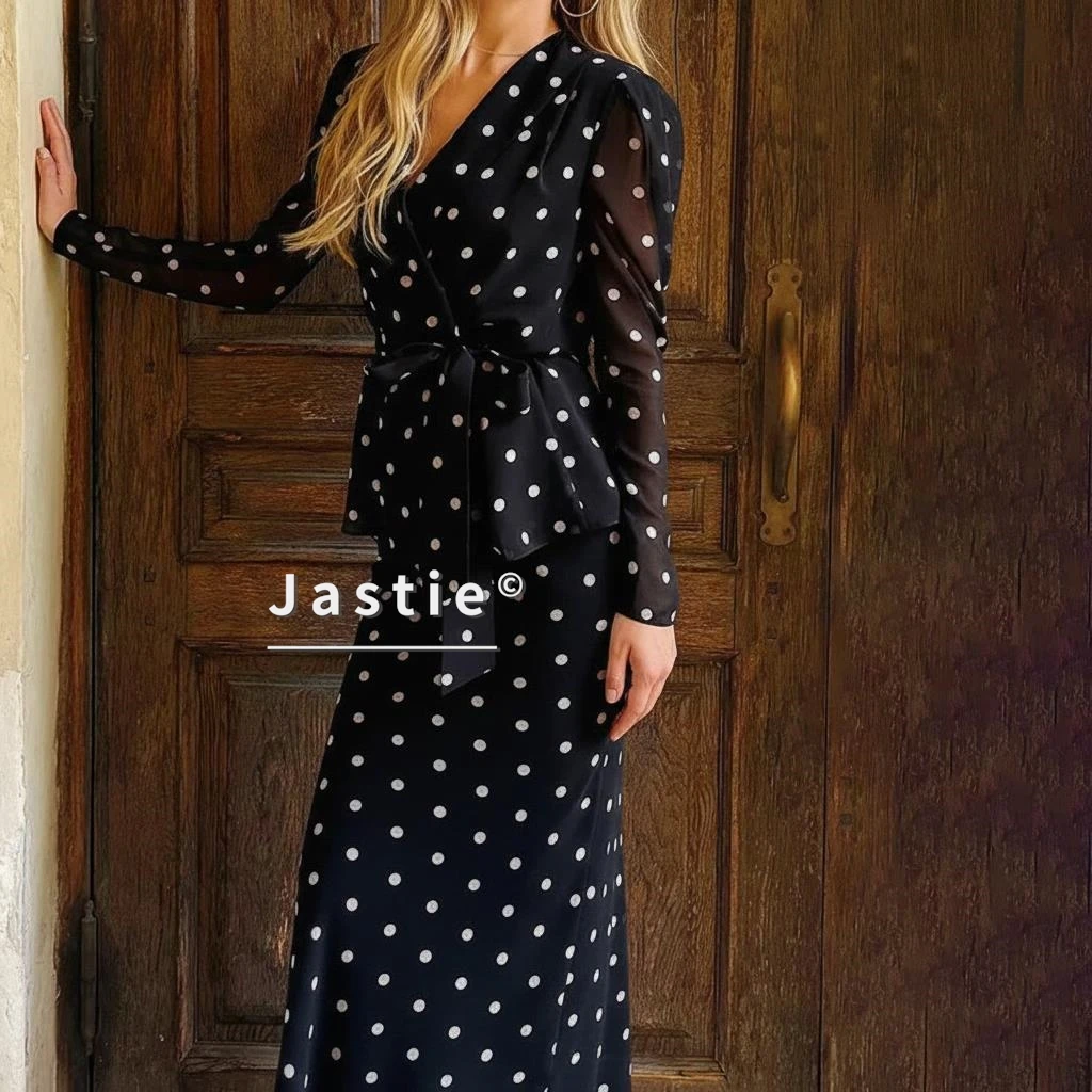 

Французский винтажный комплект с принтом в горошек, женский сексуальный топ с баской и v-образным вырезом, облегающая макси-юбка, комплект из двух предметов, элегантный одинаковый наряд для вечеринки