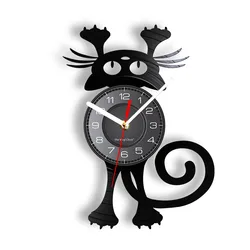 Cat Wall Clock For Pet Owners Funny Kitten Wall Art Black Cat Vinyl Record Wall Clock Home Decor Vinyl Record Timepiece Clock