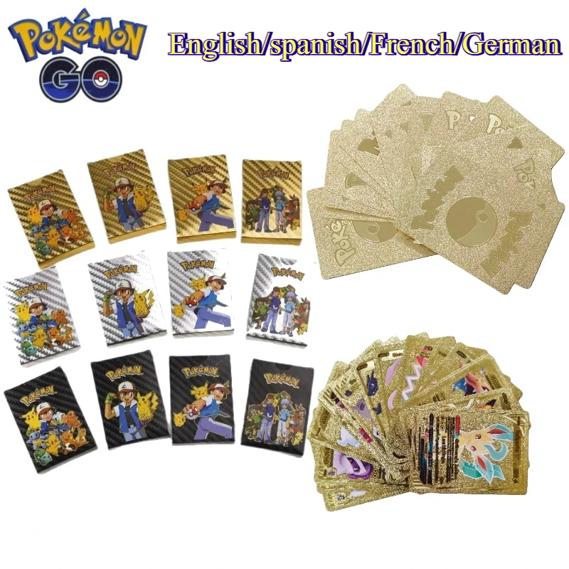 Hot 55pcs Pokemon Pikachu VMAX GX  V Gold/Silver/Black Cards, English Spanish German French Rare Anime Game Collection Card Toy