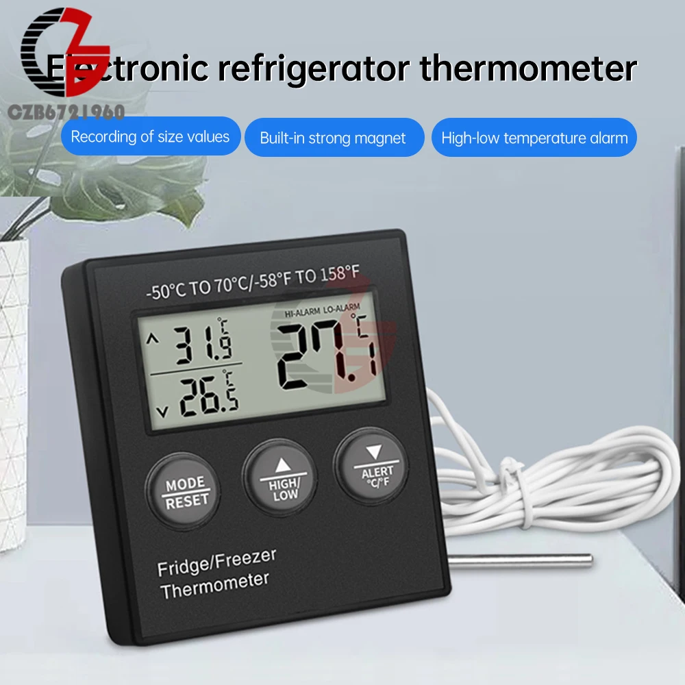 Digital Refrigerator Thermometer Freezer Thermometer Aquarium Water Tank Meter High Low Temperature Alarm with Extranal Sensor