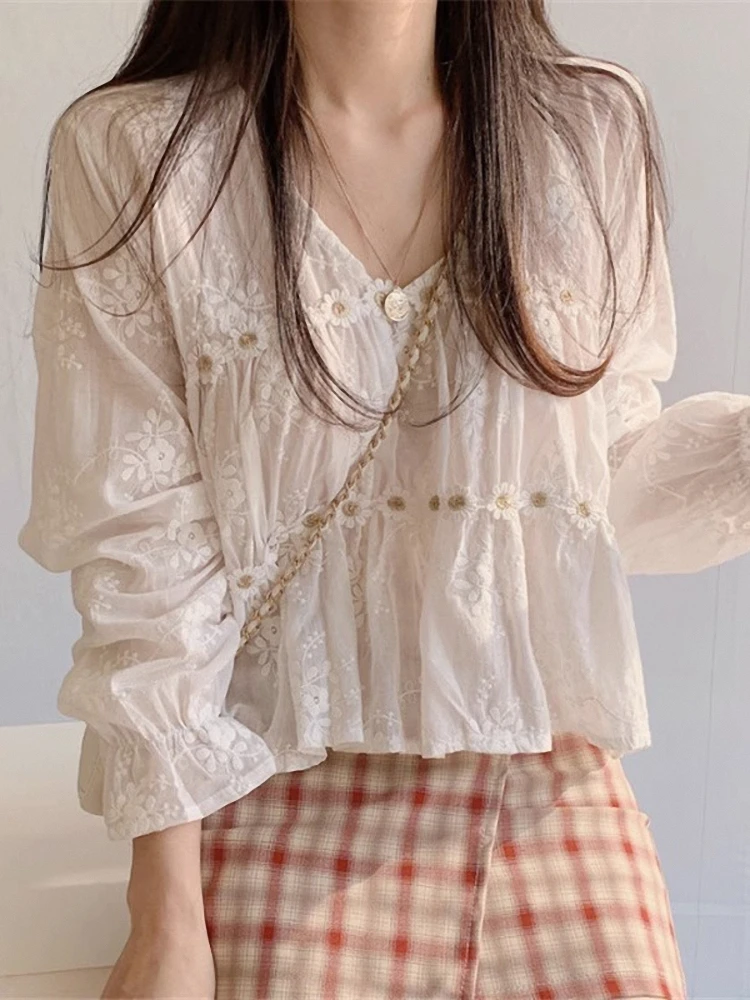 

Sweet V-Ne Lace irt Корейский свободный топ с девятью точками Bell Sve Женский летний модный топ для поездок на работу с вышивкой