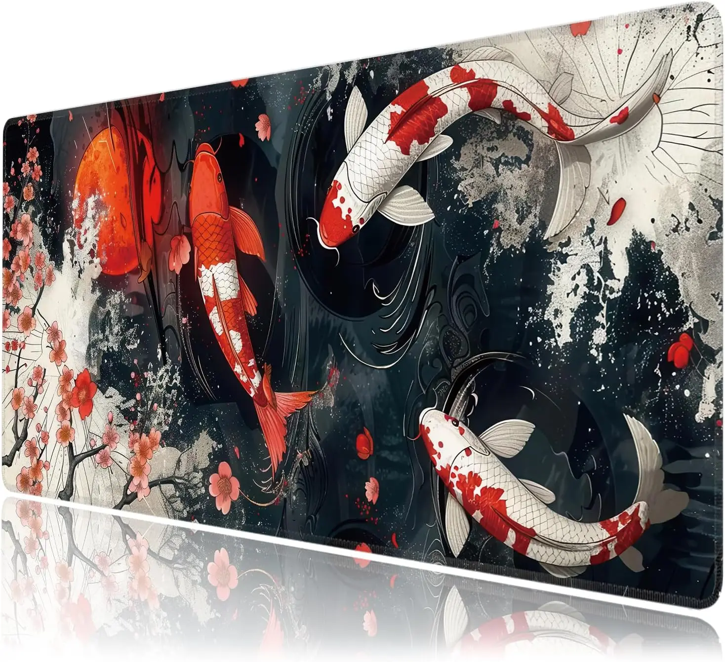 Vintage Koi Fish Mouse Pad, Sakura Red Moon Oriental Ink Splash Pattern Non Slip Desk Mat for Gamers Office Home Keyboard Decor